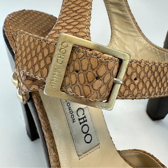 JIMMY CHOO Leather Snake Embossed Tan and Brown Wood High Heels. Size 38 US 8 - Picture 8 of 15